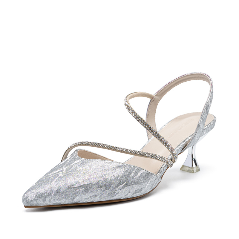 Sandal cao gót nữ mũi nhọn bít mũi đính đá phong cách Pháp — Y781 màu bạc