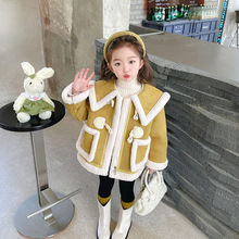 女小童冬季2023新款上衣洋气时尚小女孩韩版时髦大翻领珍珠扣外套