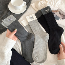 灰色袜子女秋冬纯棉中筒袜蝴蝶结刺绣撞色女袜抗菌防臭堆堆袜长袜