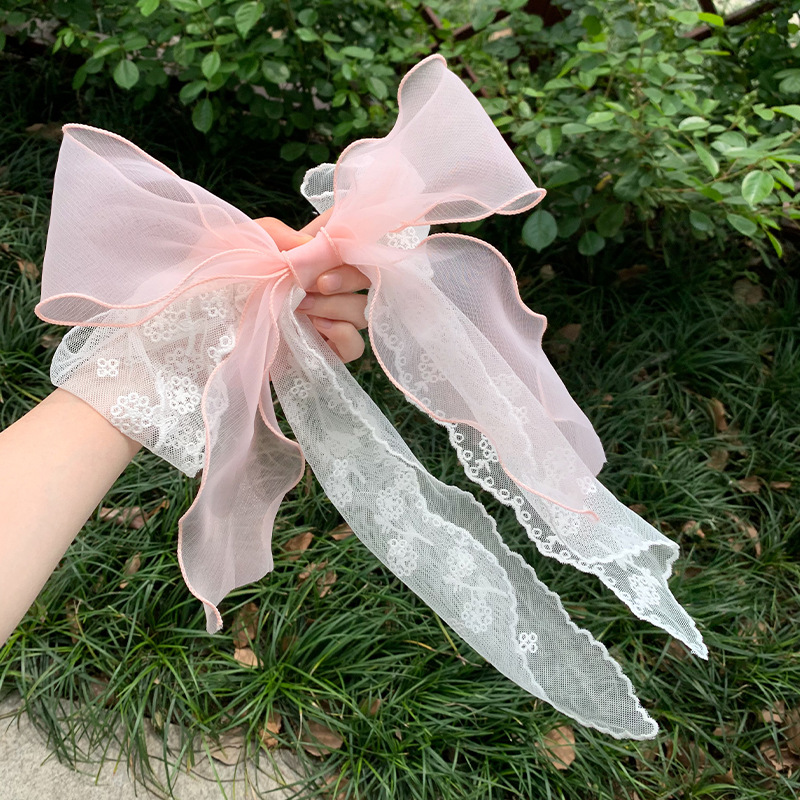 Lace pink printed bow ribbon hairpin women's large back spoon spring clip French temperament hairpin hair accessories_voghion.com