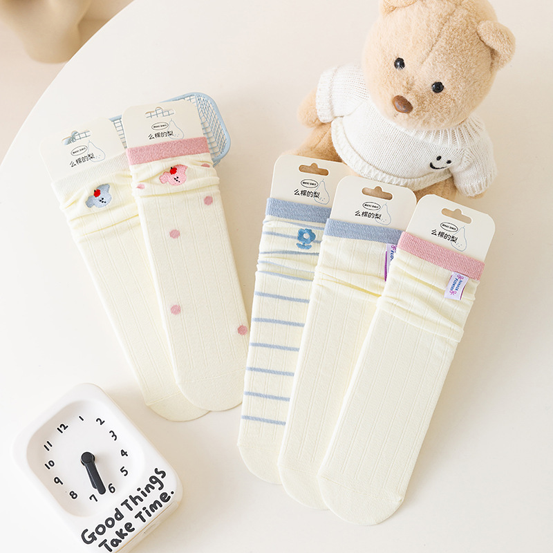 New Style Pure Cotton Socks for Women, Spring and Summer Cartoon Embroidery Seamless Mid-Tube Socks, Breathable Japanese-Style Cable Knit Solid Color Slouch Socks