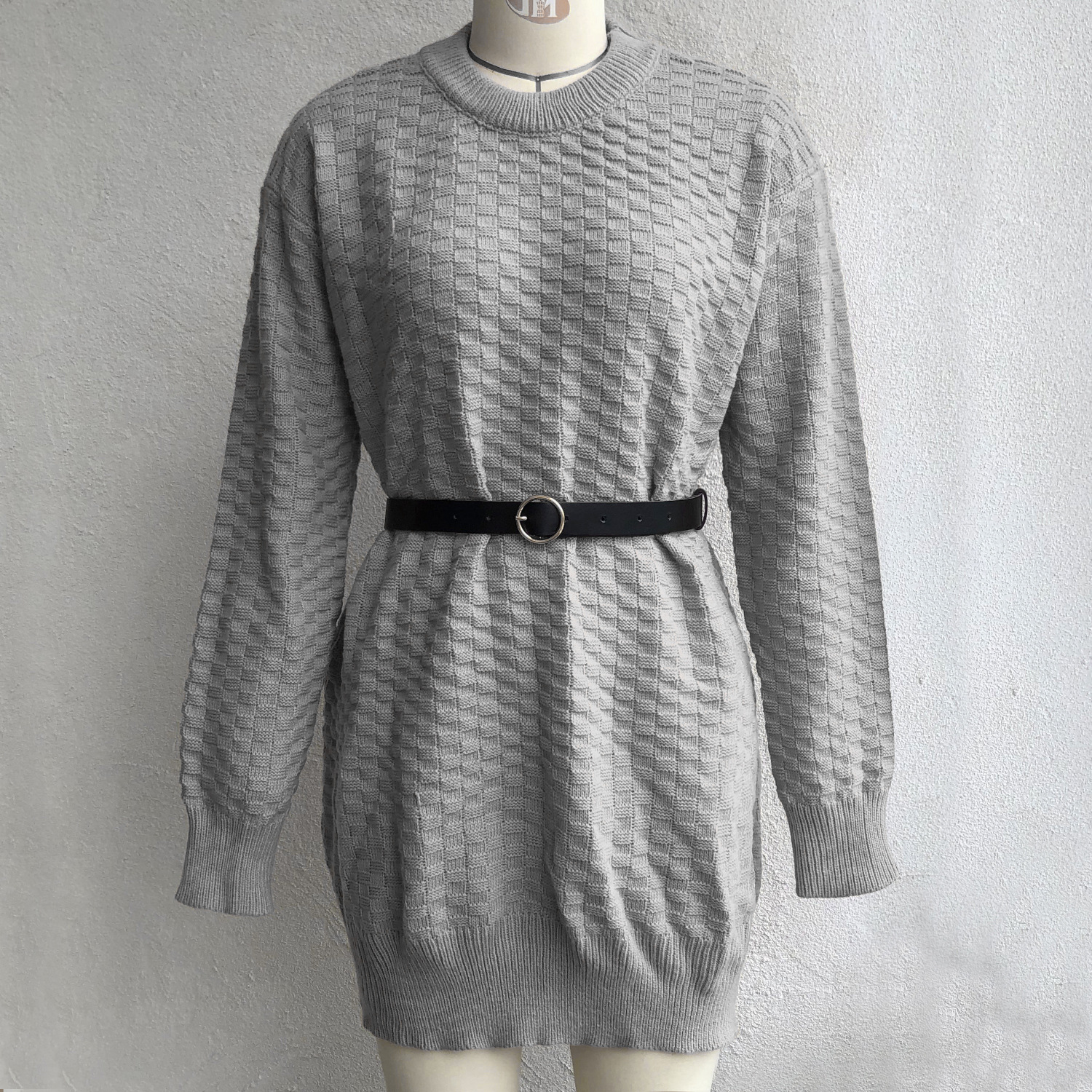 Round Neck Solid Color Knitted Women Dress With Belt