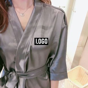 Pajamas to map custom ice silk morning gown women's hotel bath center printed LOGO half sleeve cardigan kimono nightgown