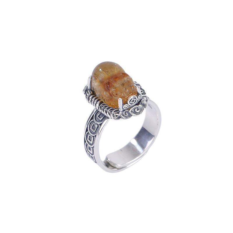 Nhẫn bạc S990 pha lê vàng tháp, mặt Pixiu đồng xu phong cách Trung Hoa, có thể điều chỉnh — một mảnh