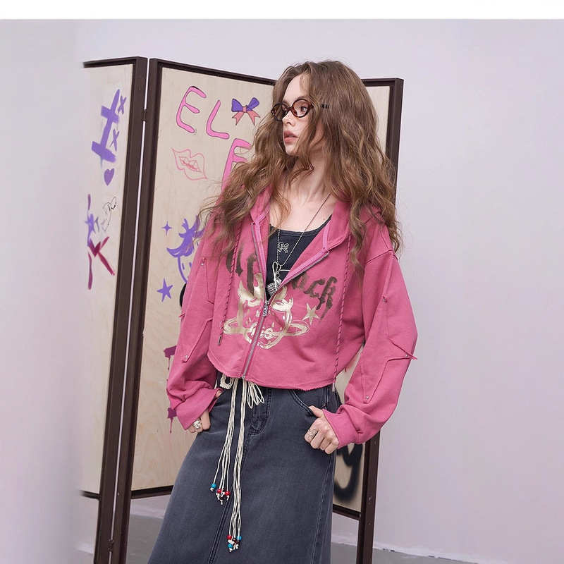 Fairy's Pocket American Strawberry Print Hooded Sweatshirt Jacket Women's 2025 Autumn New Small Thin Cardigan