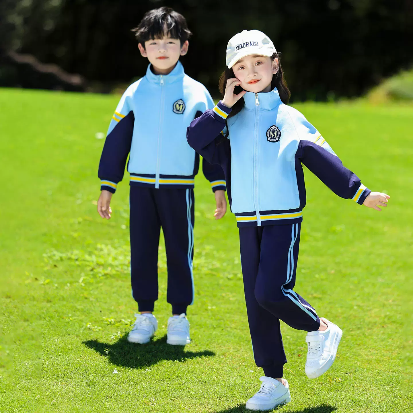 蓝色夏季短袖套装中小学生校服幼儿园园服春秋动会三件套儿童班服