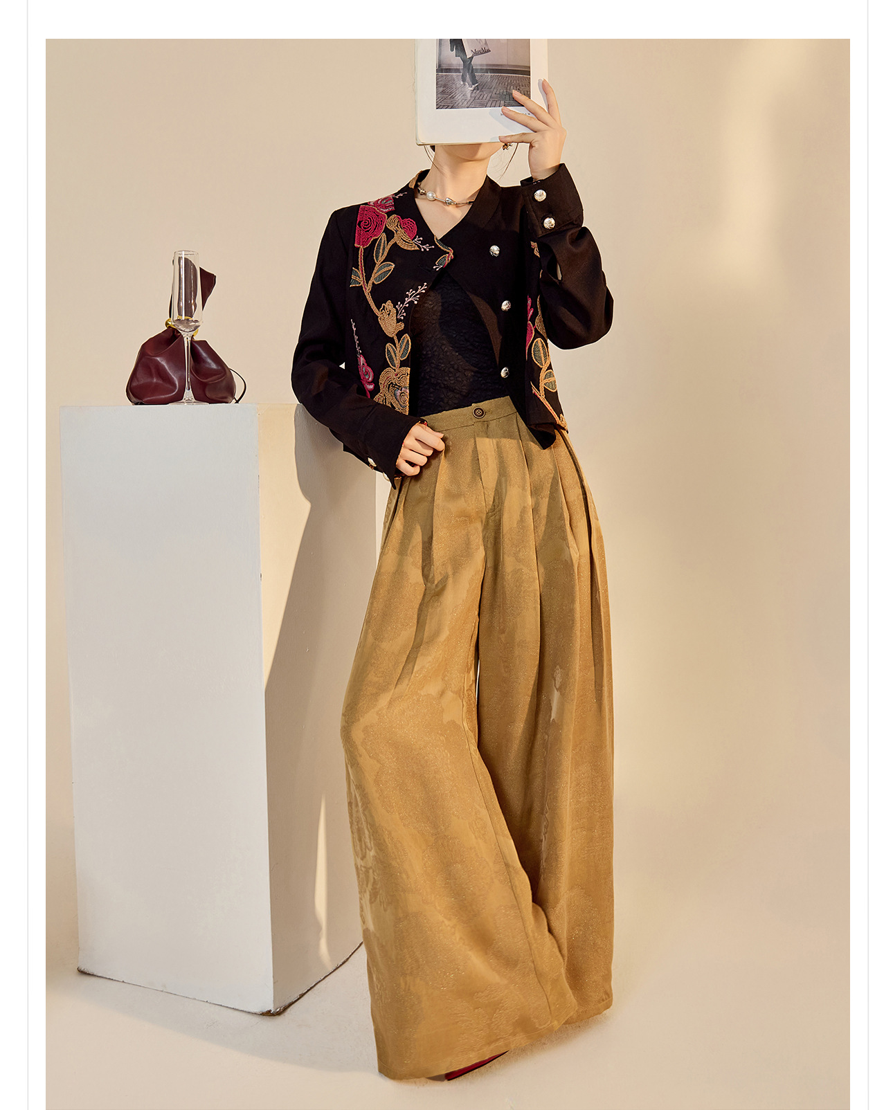 Quần ống rộng nữ phong cách Trung Hoa mới, chất rayon dệt vàng satin rủ — đen, Màu trắng nhạt, màu vàng chi tiết 15