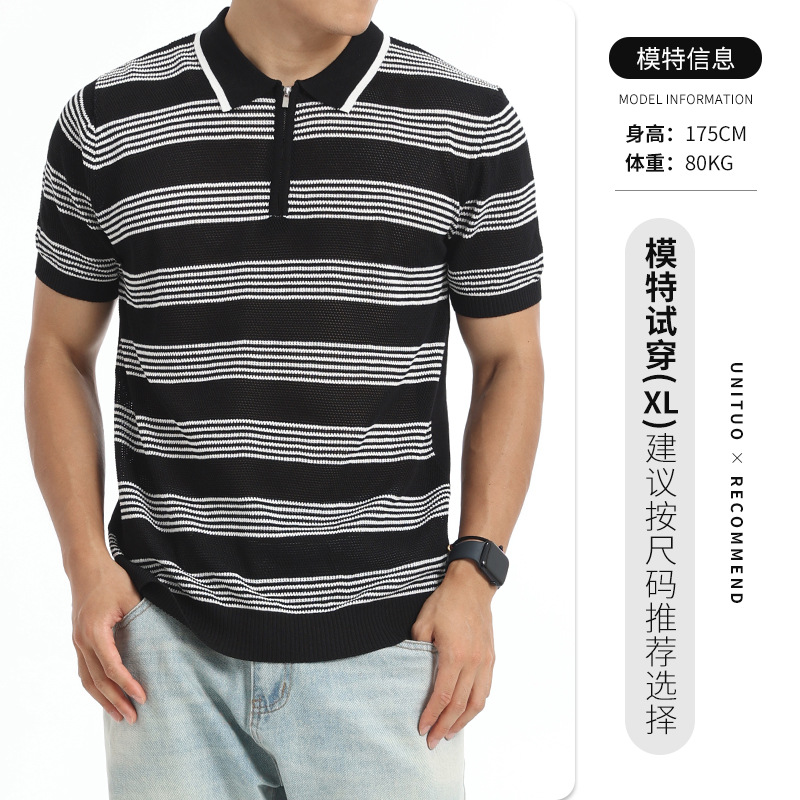 Hombres de alto nivel con cremallera con collar de hielo polo camisa de verano de punto de manga corta de negocios casuales chaqueta a rayas de hombre