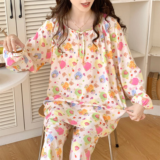 High-grade cotton silk pajamas women's summer spring and autumn cartoon long sleeve girl's sweet artificial cotton can be worn thin suit