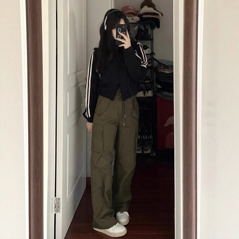 美式复古条纹短款运动卫衣女秋季修身立领长袖防晒外套黑色上衣潮|undefined
