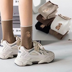 Baby Bear Socks for Girls, Mid-Calf Korean Style, Student Cute Cartoon Teddy Bear Socks, Spring and Autumn/Winter High-Calf Long Socks