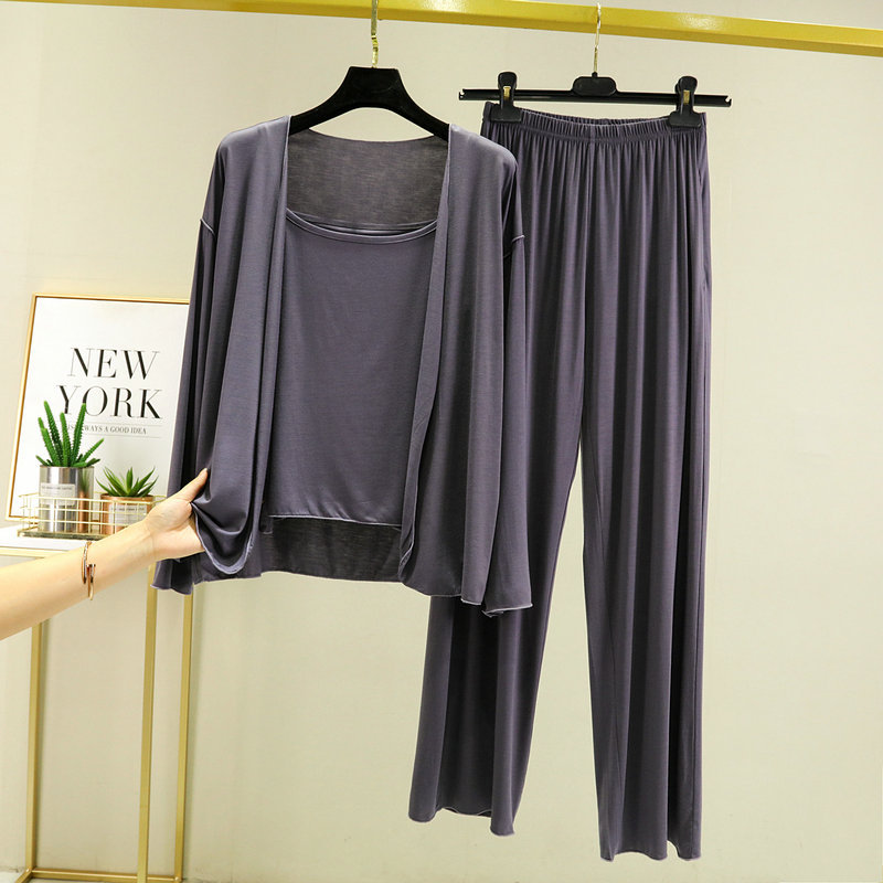 Primavera y verano pijamas rojos en línea pantalones modales de manga larga de tres piezas para mujer ropa para el hogar al aire libre casual se puede usar traje exterior