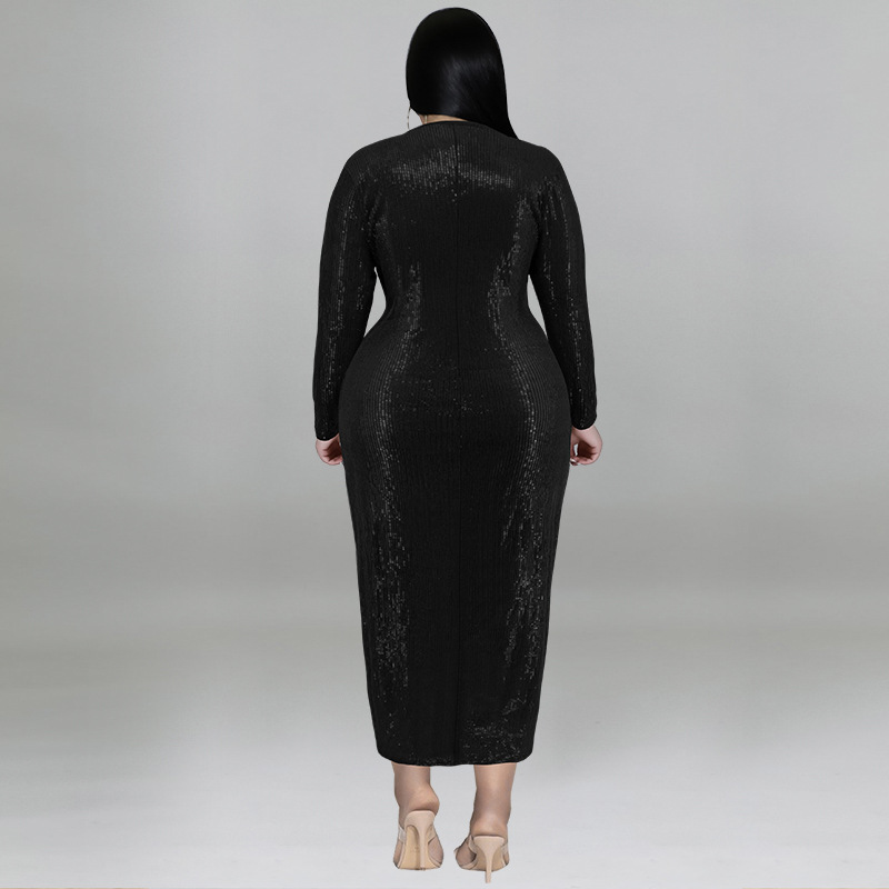 Plus size fluweel bodycon midi jurk met pailletten en v-hals voor dames_voghion.com