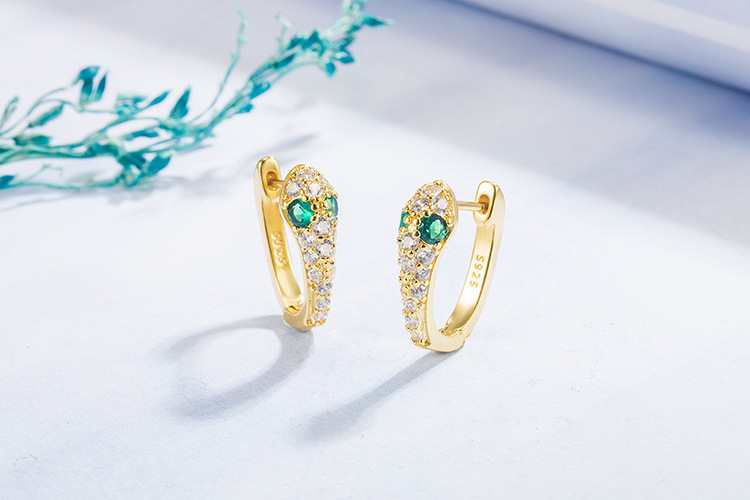 fashion diamond emerald copper 14K gold snake earrings