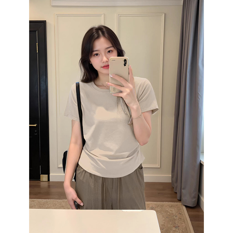 plus size Women's Summer New Round Neck Cotton Stretch T-Shirt Pinch Pleated Short Fat Girl Sweater 3503