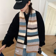 彩色条纹马海毛围巾~韩版新款拼色针织加厚保暖围脖冬季百搭学生