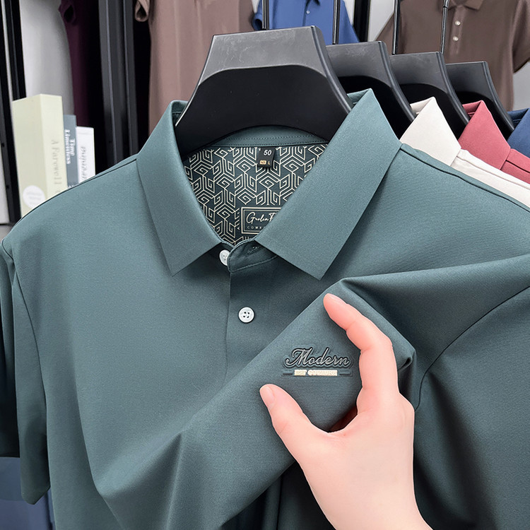 Ice Silk Cool Seamless Short-Sleeved T-Shirt Men's Summer Thin Middle-Aged Casual Lapel Polo Shirt Top Men's Clothing