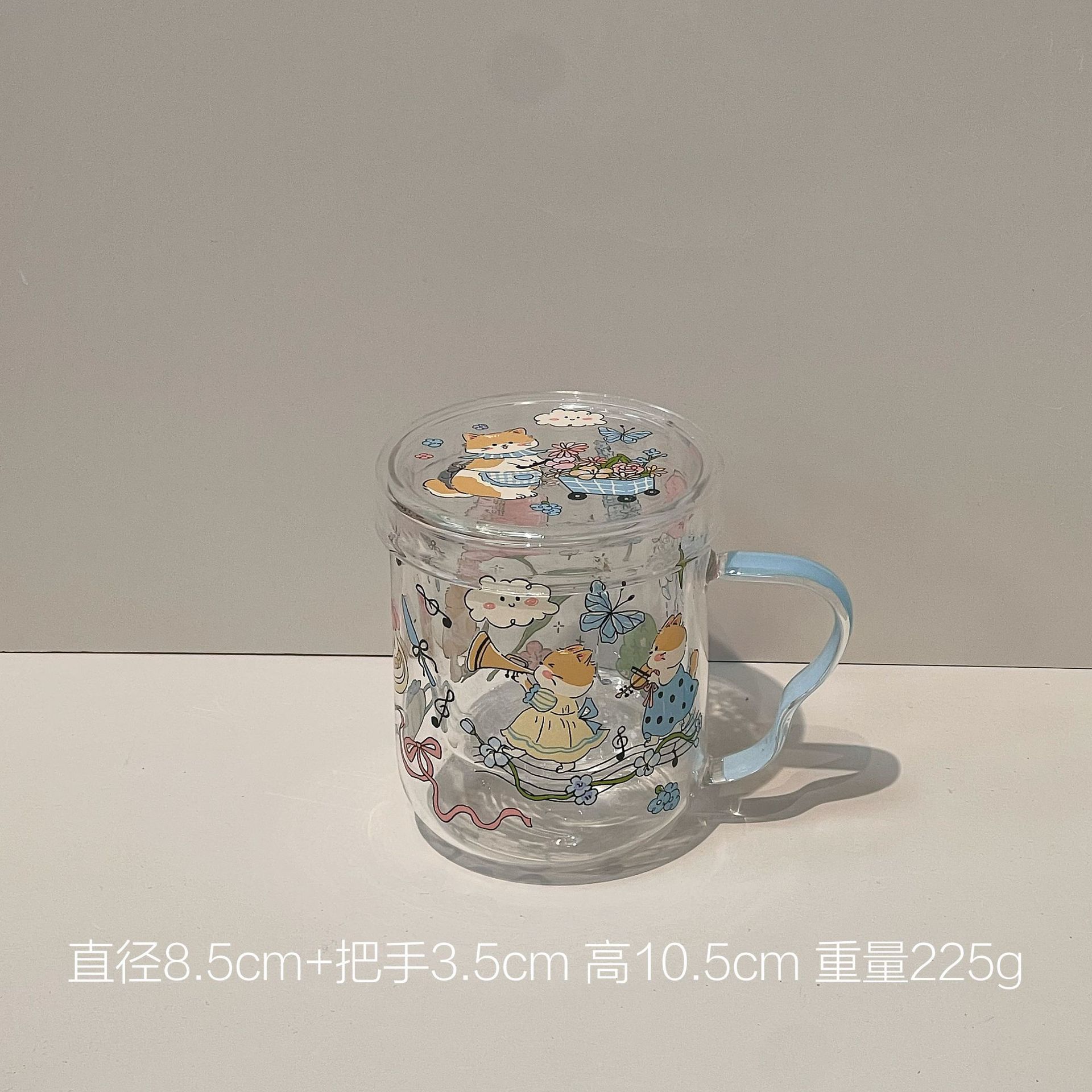 새끼 고양이의 봄 - 뚜껑이 있는 나비 손잡이 컵(투명 포장 48개/상자, 가격 통제 35.8위안/개)
