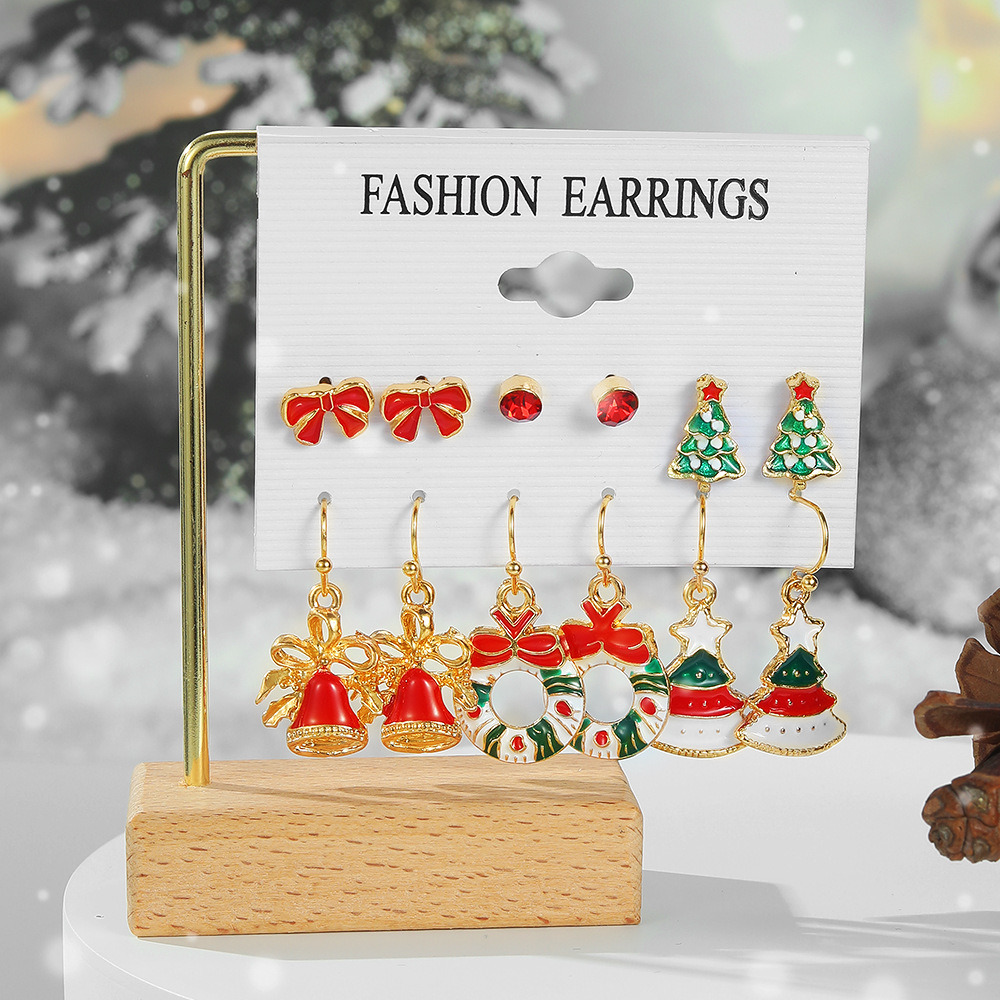 6 Pairs Ethnic Style Cartoon Character Christmas Tree Enamel Alloy Earrings display picture 4