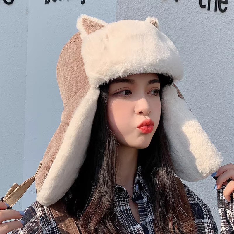 Gato orejas Leifeng sombrero mujer otoño invierno coreano lindo sombrero de bicicleta invierno bebé sombrero de algodón caliente frío