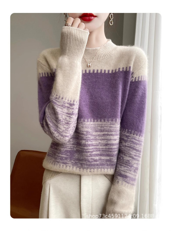 2024新型の色のストライプの長袖のニットのウールの女性のゆったりしているファッションの洋風のカジュアルな怠惰な風の頭の上着|undefined