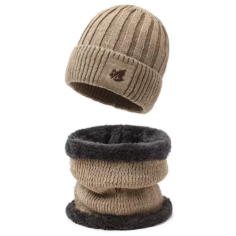 Knitted hat and neck warmer set unisex, 3‑piece with gloves, fleece‑lined, warm winter