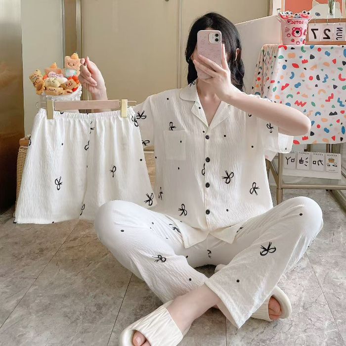 Venta al por mayor transfronteriza 120g pijamas de algodón de nube de verano de manga corta para mujer pantalones cortos de algodón de nube de verano de tres piezas servicio a domicilio de dibujos animados