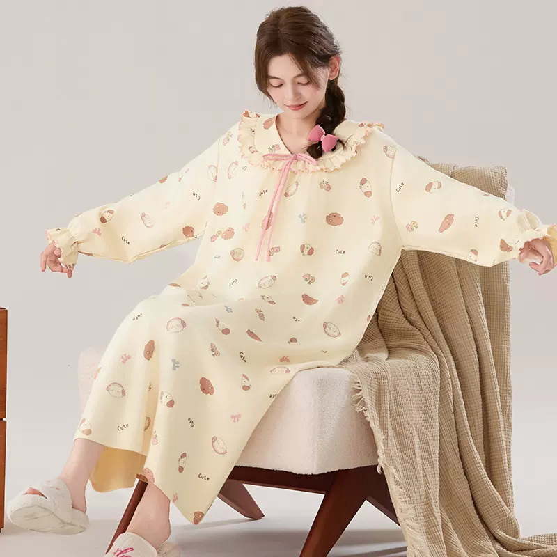 A类抗菌爽棉睡裙女士秋冬季娃娃领长袖连衣裙加大码甜美家居服