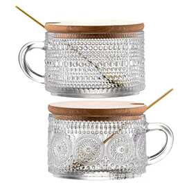 批发亚马逊复古早餐燕麦杯太阳花杯雕花小金勺麻点早餐把手杯