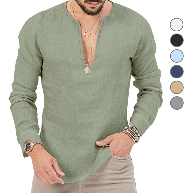 European and American Foreign Trade 2025 Men's Spring and Summer Large Size Casual Tropical Cotton and Linen Deep V-Neck Solid Color Large Size Long-Sleeved T-Shirt Shirt