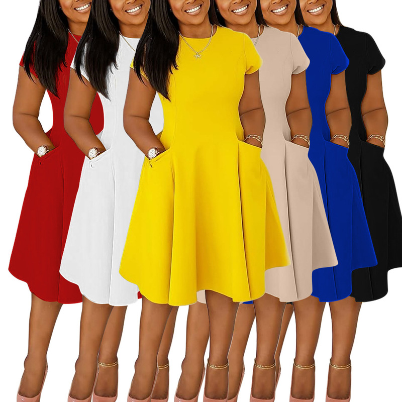 N8075 Cross-border Amazon European and American Women's Spring and Summer New Casual Round Neck Pocket Slim-fit A- line Skirt Mid-length Skirt