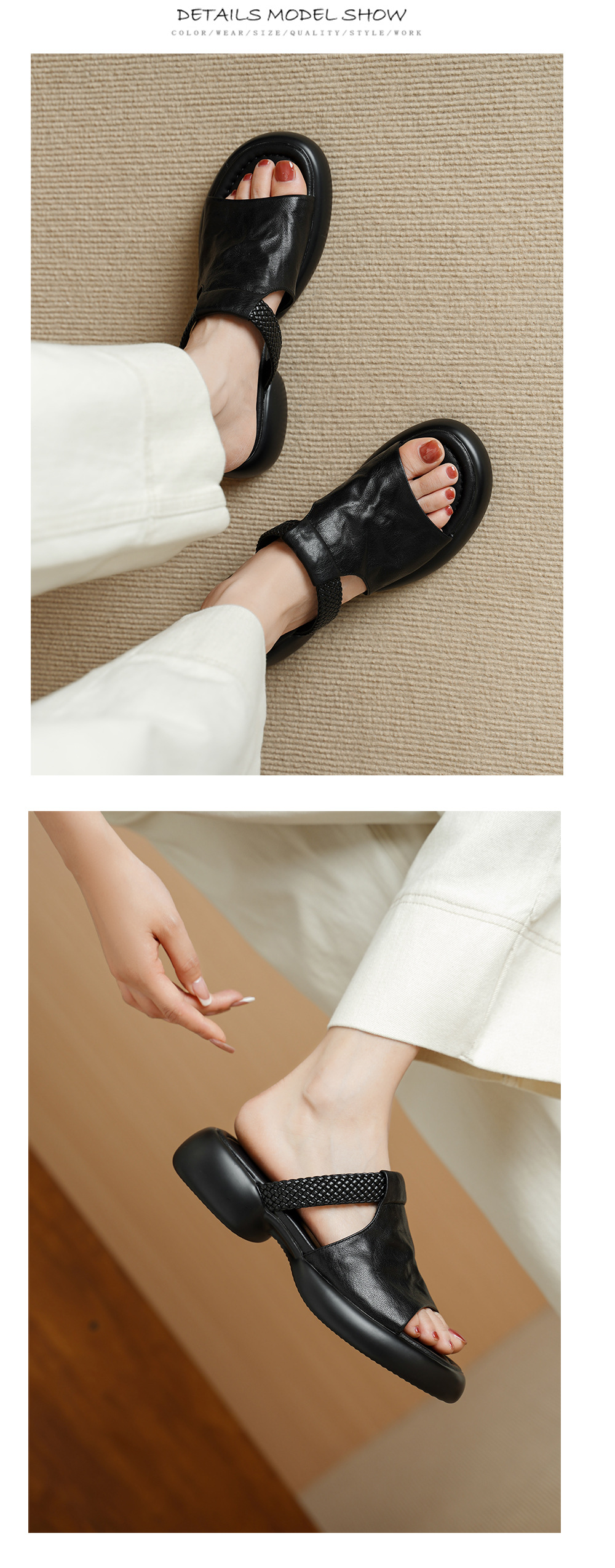 Sandal nữ đế bệt 4cm dáng xỏ ngón mùa hè đơn giản — đen chi tiết 9