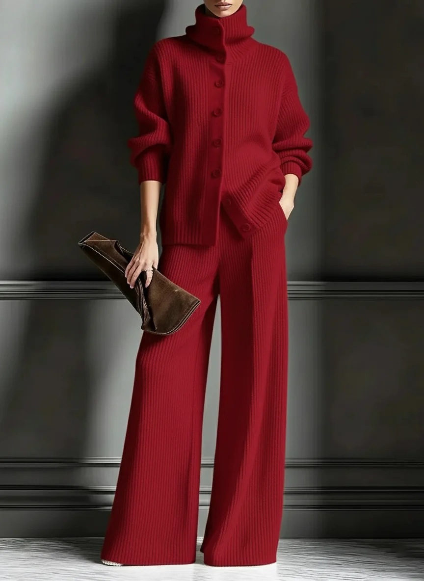 turtleneck Solid Color Cardigan Long-sleeved Top Wide-leg Pants Set Knitted 2-piece Set_ecoleips.com