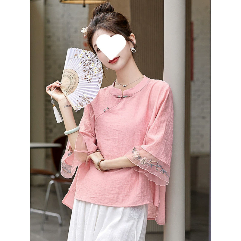 Новый китайский стиль хлопково-льняной костюм для женщин 2025 лето новый повседневный элегантный двухсоставной тонкий короткий рукав кюлоты модный