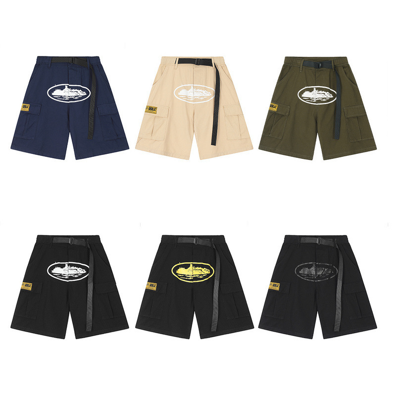 Corteiz American High Street Style Multi-Pocket Cruise Print Cargo Shorts for Men, Alcatraz Loose-Fitting Knee-Length Shorts