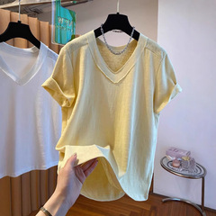 大きいサイズ 120kg リバースウェアデザインニッチイエロー V ネック Tシャツレディース半袖ルーズインナーレイヤリングシャツトップ夏