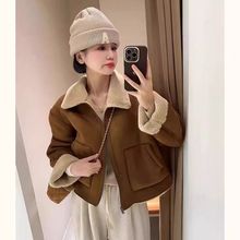 欧货皮毛短款一体羊羔2025新款外套秋冬加厚翻领机车复古保暖上衣