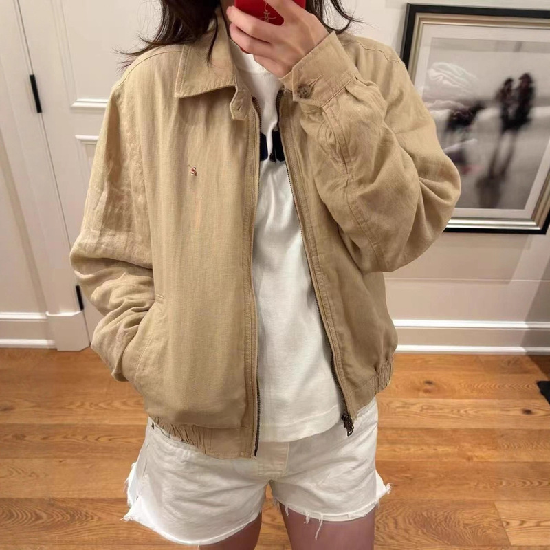 In-Stock American Retro Pony Embroidered Linen Short Jacket for Women, Thin Style with a Turn-Down Collar, Rl Same Style Veteran Jacket