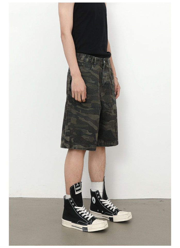 Quần short nam denim họa tiết rằn ri phong cách công sở đi biển — Màu trắng, Màu đen, Màu đất gỉ sét, Ngụy trang màu mơ chi tiết 7