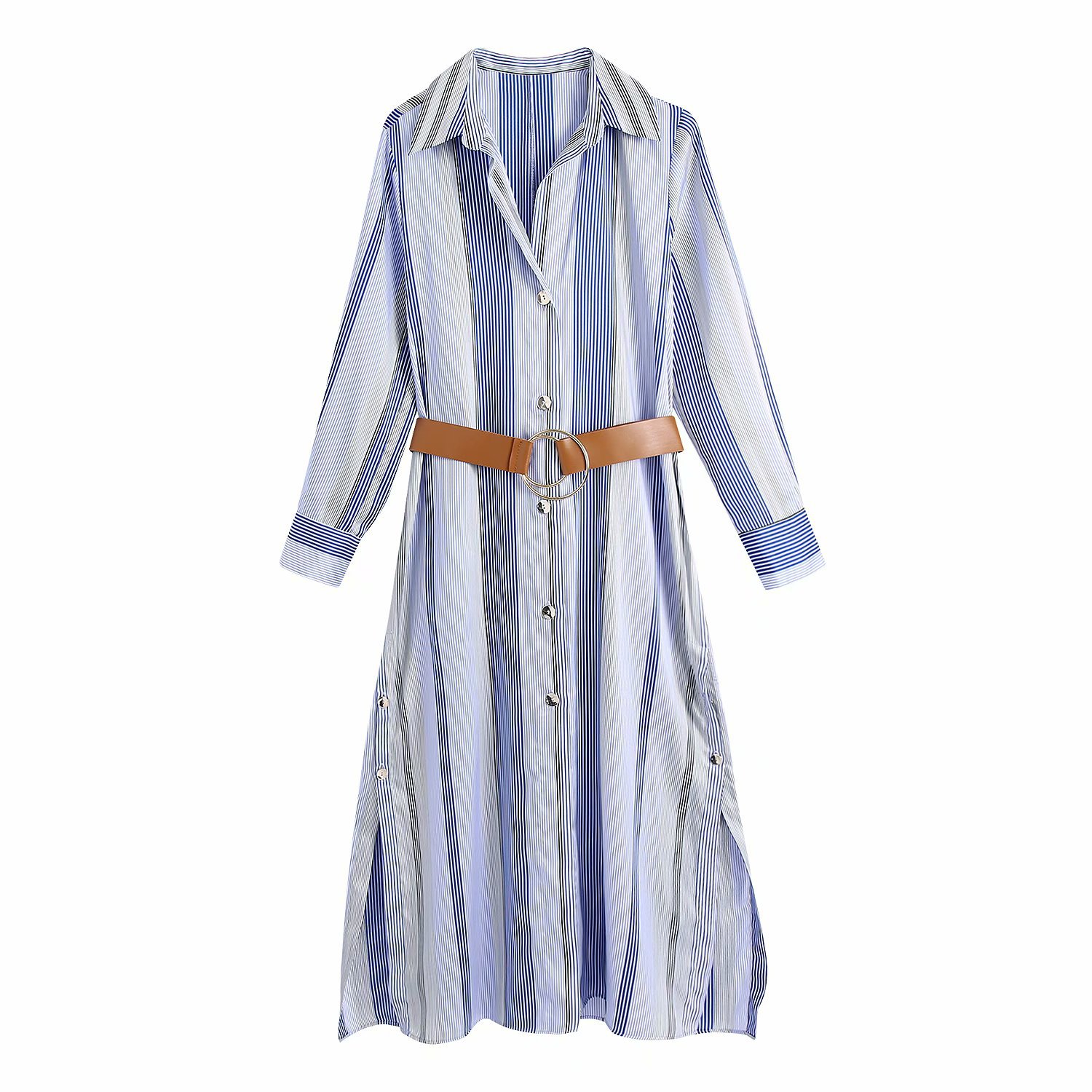 belt striped long-sleeved shirt dress  NSAM43287