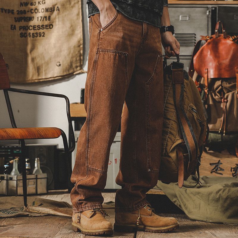 2025 Autumn American Jeans Men's Retro Distressed Loose Straight-Leg Double Knee Logging Work Pants Men's Large Size