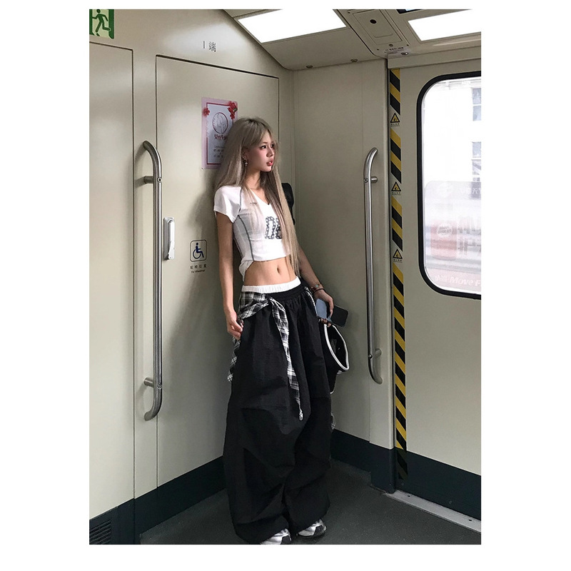 アメリカンヒップホップストリートダンスレイヤード取り外し可能なワイドレッグパンツ女性の夏ルーズドレープシミターカジュアルパンツジャズダンスパンツ|undefined