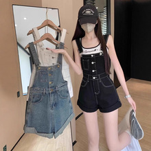 美式复古牛仔背带短裤女夏季2025新款小个子高腰阔腿牛仔背带裤女