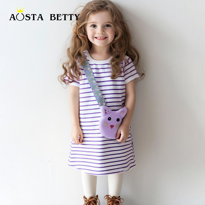 26 Summer New Children's Dresses European and American Style Cartoon Cat Bag Girls' Princess Dress Fashionable Striped Children's Dress