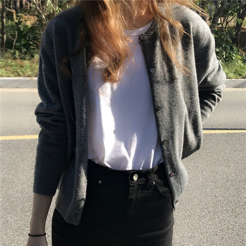 2025春秋新款圆领紫色短款针织小款开衫宽松外穿毛衣外套女|undefined