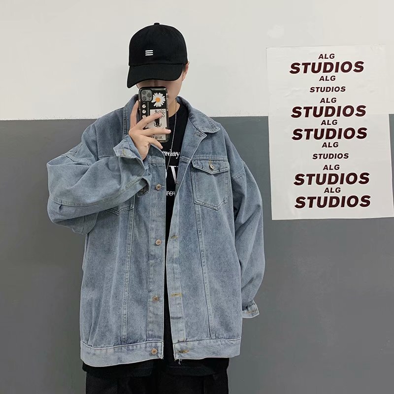 Trendy Brand Denim Jacket Men's Spring and Autumn Hong Kong Style Loose Tooling Jacket Fashionable Retro Student Jacket Men's Jacket