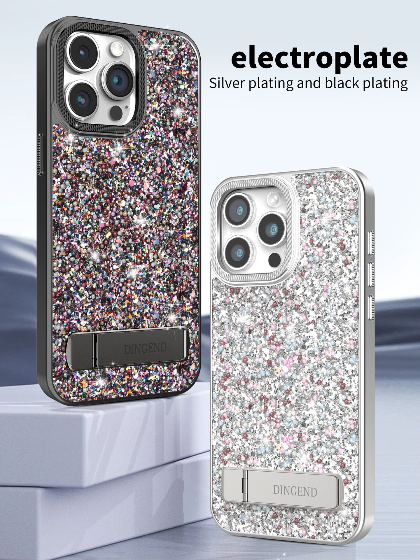 Ốp lưng iPhone đính đá sang trọng, chân đế kim cương, chống sốc viền dày cho 16 Pro Max / 15 / 14 Pro — Trắng đàn piano, Đen kinh điển, Màu vàng đậm chi tiết 11