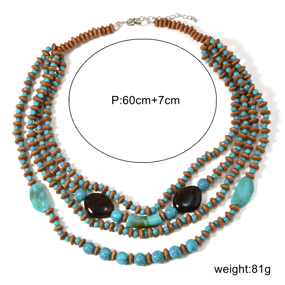 Collana lunga boho multistrato con perline legno e turchese_voghion.com