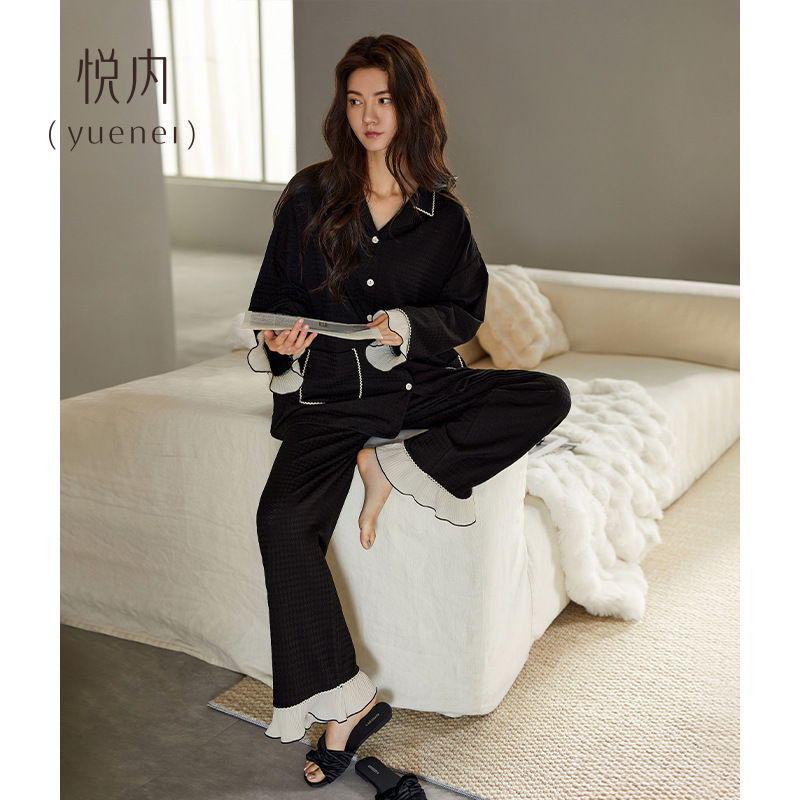 悦内睡衣女春秋季秋款秋天长袖家居服薄款感黑色套装半边绒德绒|undefined