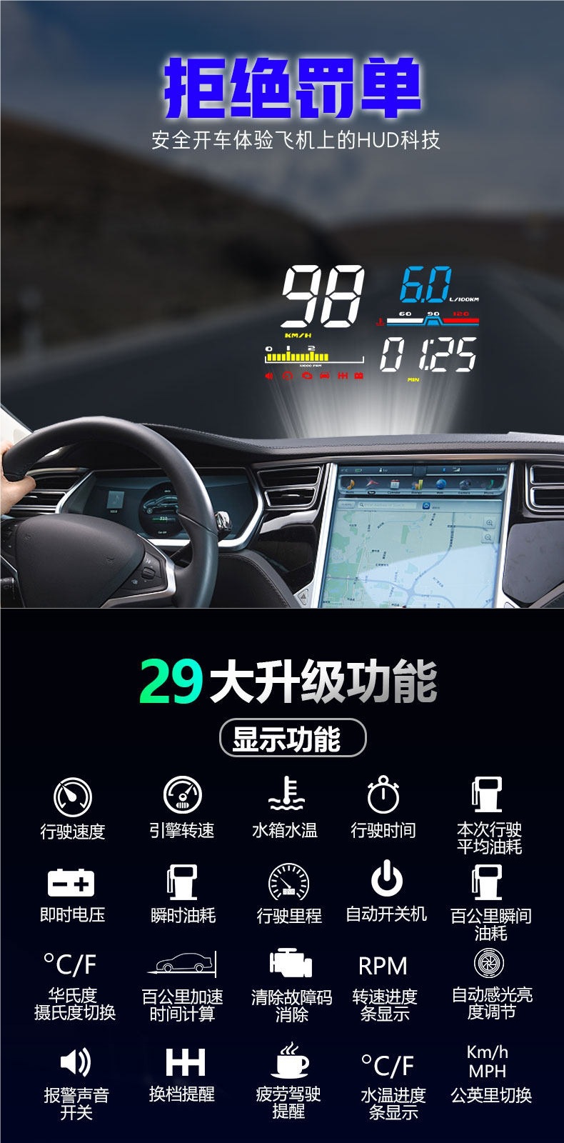 Car Hud Head-Up Display, Car Obd Multi-Function Speedometer, Water Temperature, Fuel Consumption, Rpm Dashboard, High-Definition Projection